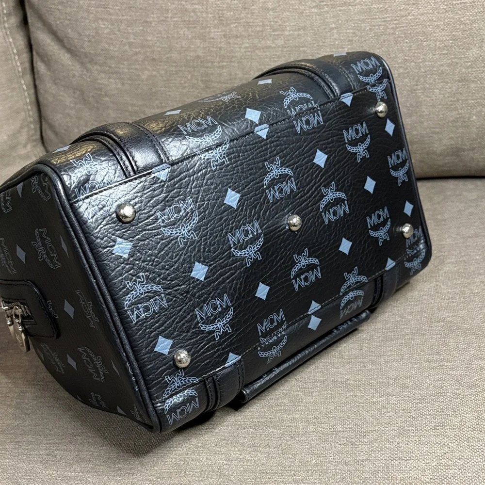 MCM  Visetos Black Boston Bag Leather Trim Silver Hardware Charms CIOA